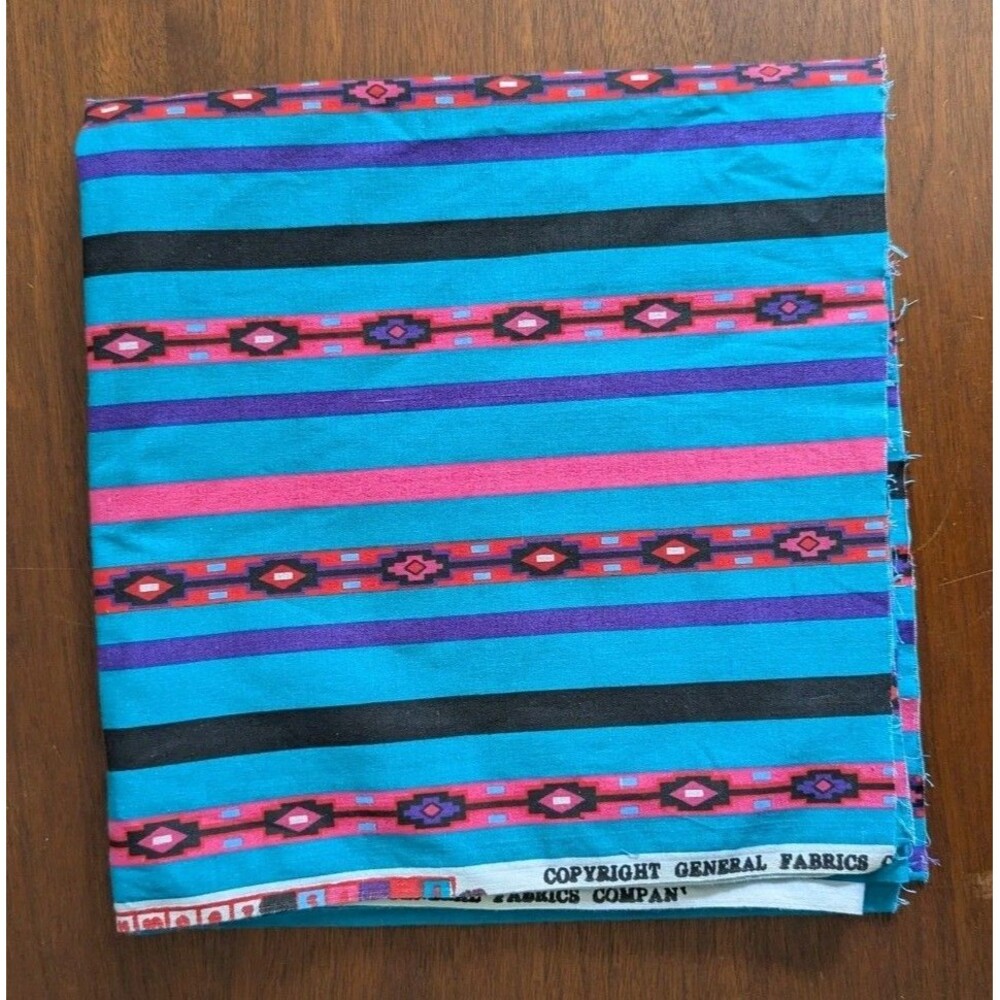 Vintage 80s Cotton Fabric Colorful Turquoise Navajo Aztec Western Cowboy 1yd+